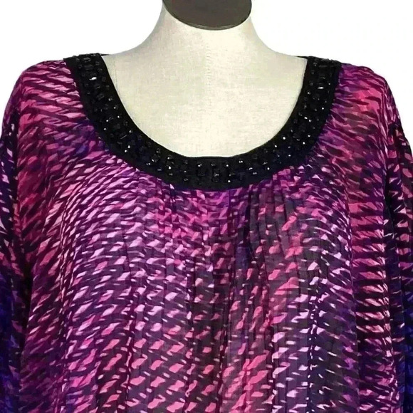 Catherines Women 3X Semi Sheer Beaded Tunic Top Multicolor 3/4 Flare Sleeves - Picture 2 of 5